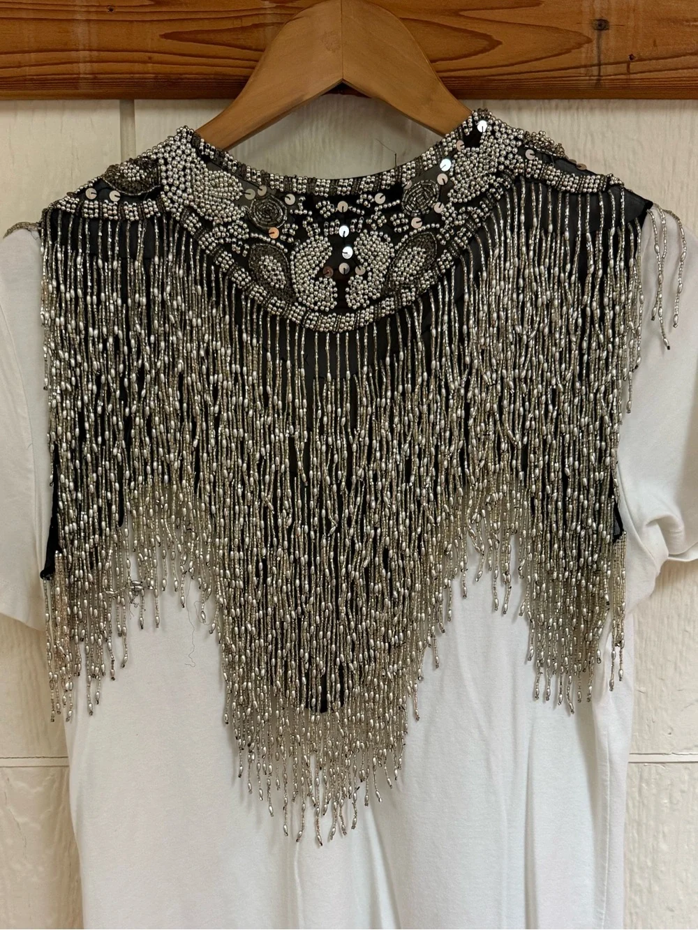 Vintage David Howard Silk Silver Beaded Fringe Art Deco Capelet